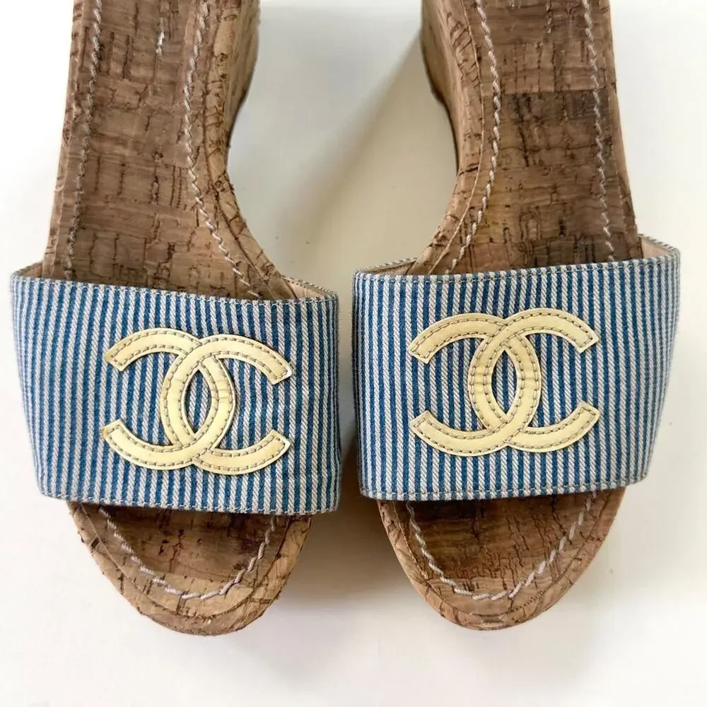Y2k chanel cruise blue striped cork wedges